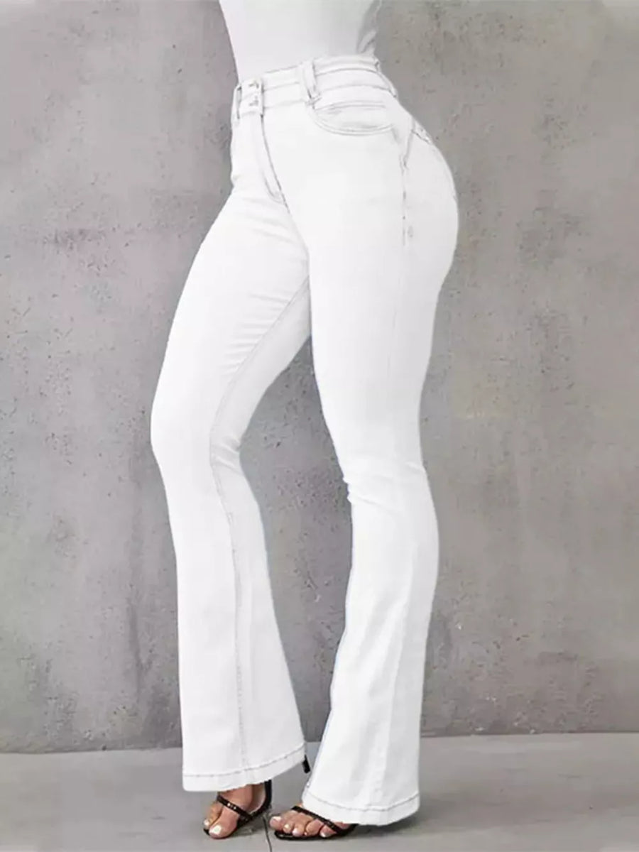 White high-waisted flare jeans with button closure and a cotton spandex blend.