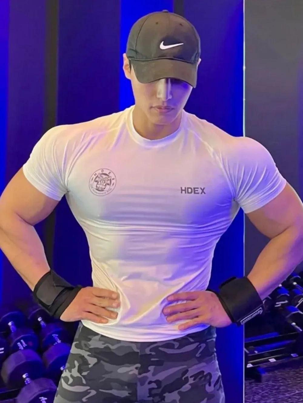White crew neck athletic tee with HDEX logo, short sleeves, performance fit