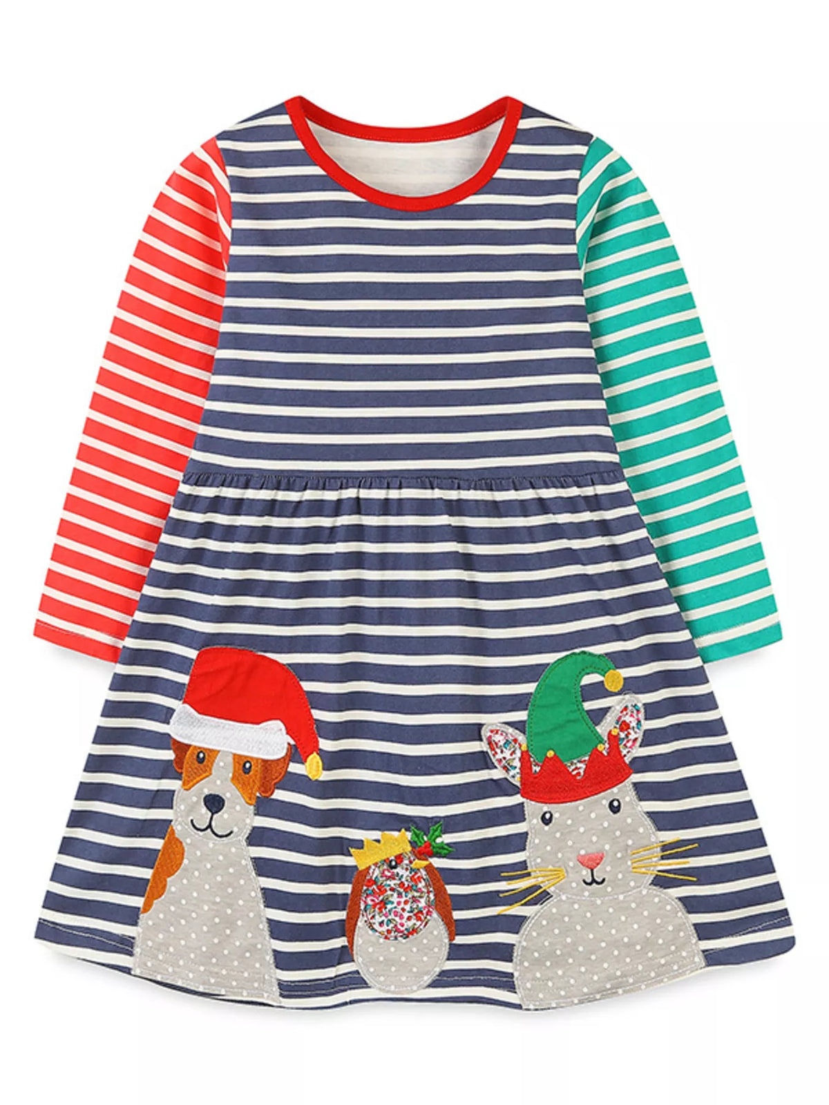 Baby cotton dress with navy and white stripes, red and green striped sleeves, and animal applique details.