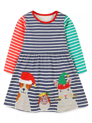 Baby cotton dress with navy and white stripes, red and green striped sleeves, and animal applique details.