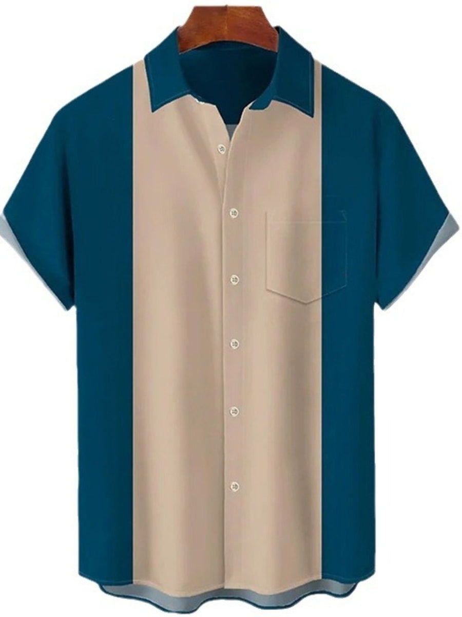 Men's short sleeve button-down shirt in dark blue and beige color block with chest pocket.