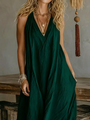 Pink loose maxi dress with deep v-neck