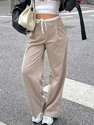 Khaki Wide-leg Pants With Drawstring Waist