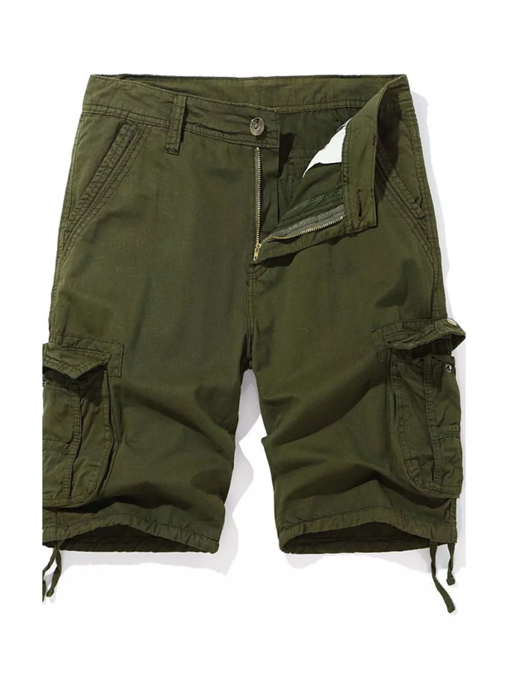 Army green cargo shorts for men with multiple pockets and drawstring hems.