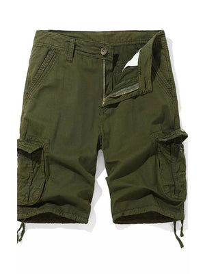 Army green cargo shorts for men with multiple pockets and drawstring hems.