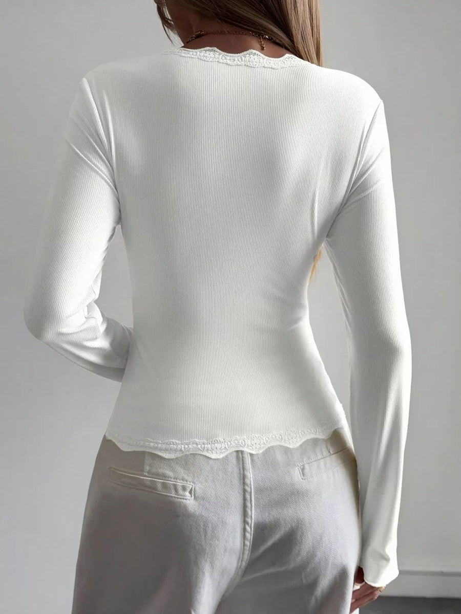 White Lace Trim V-neck Ribbed Long Sleeve Blouse
