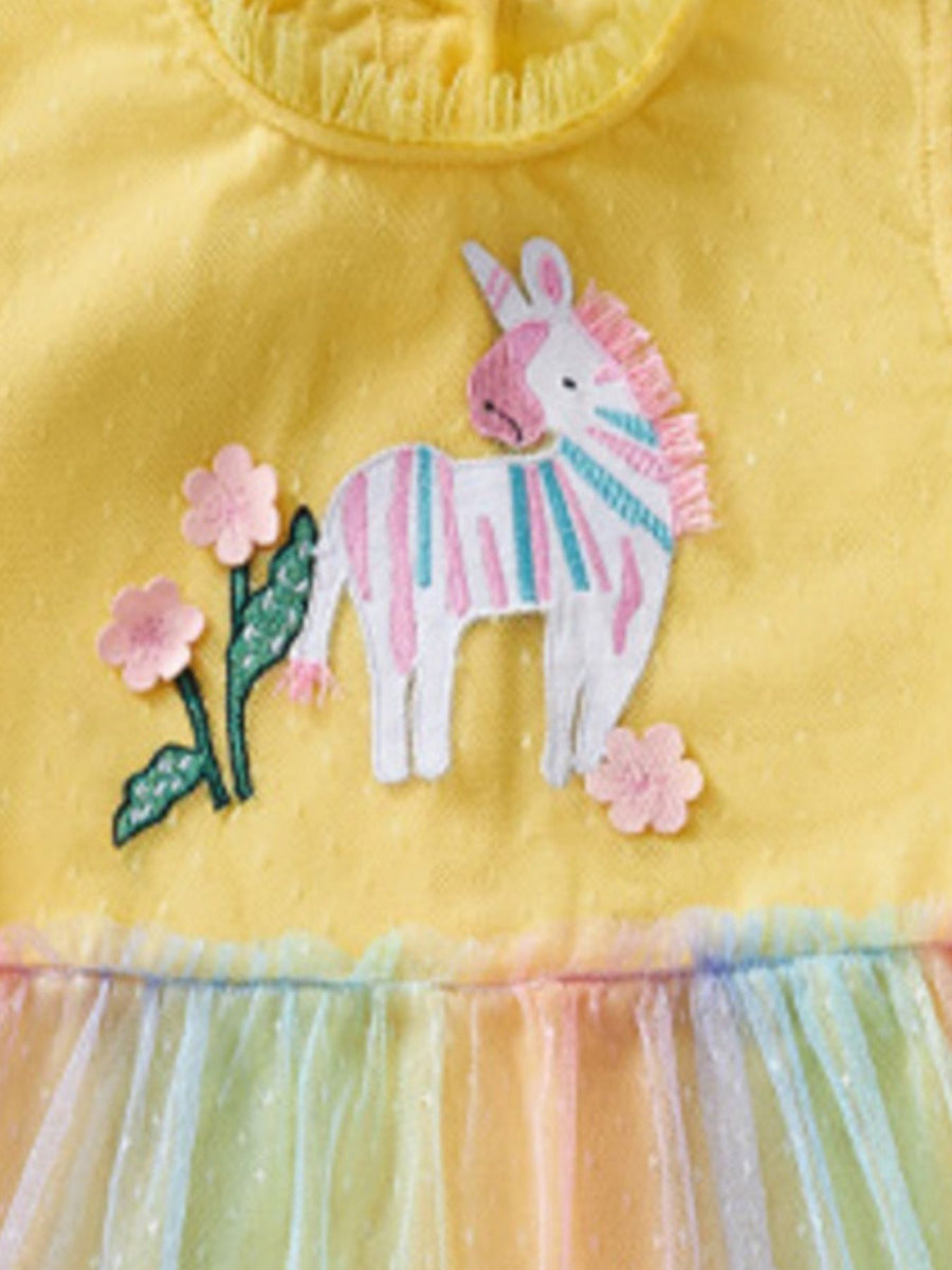 Yellow cotton dress with unicorn applique, flowers, and rainbow tulle skirt.