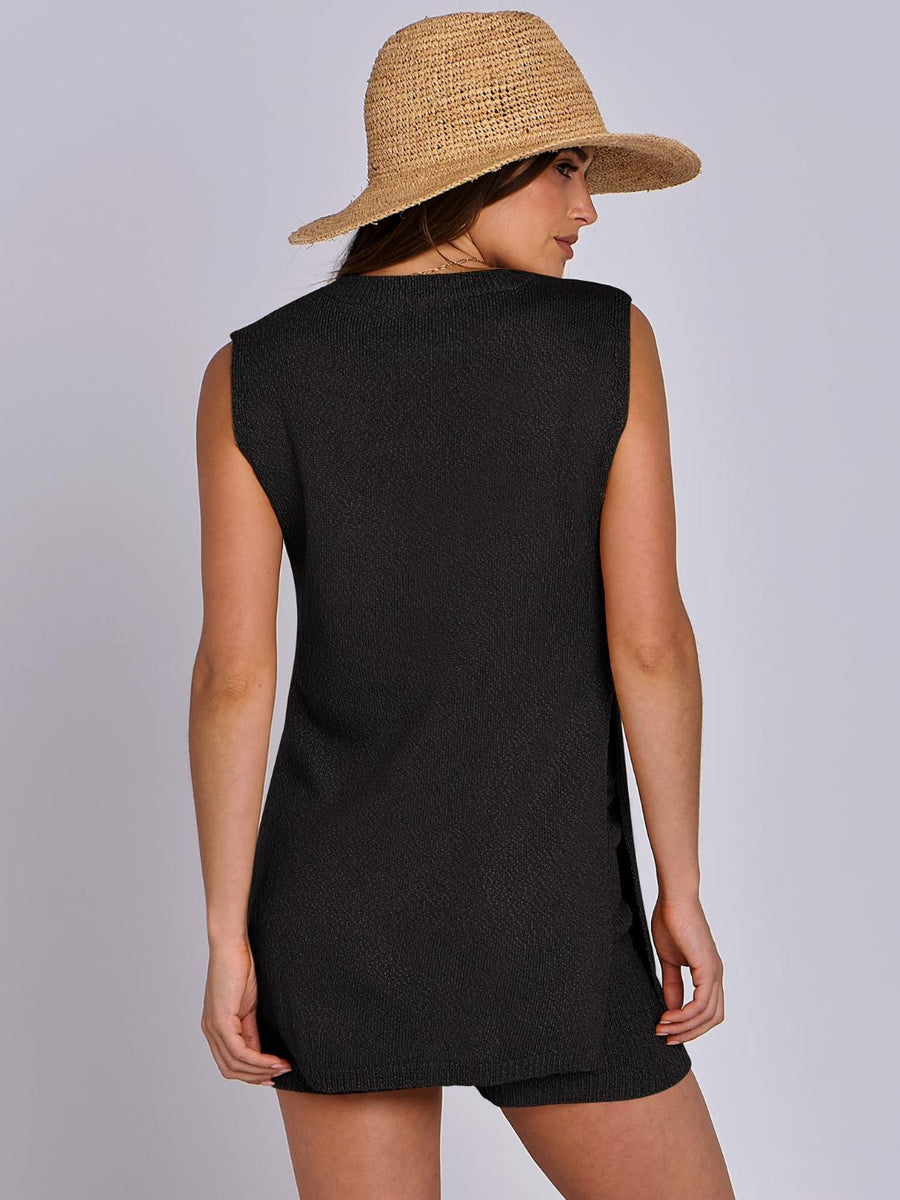 Black textured knit tank top and shorts set with slit sides.