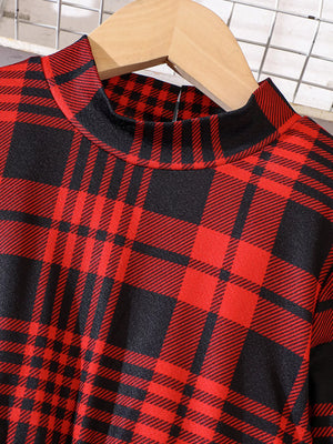 Belted long-sleeve dress in red and black plaid with a mock neck.