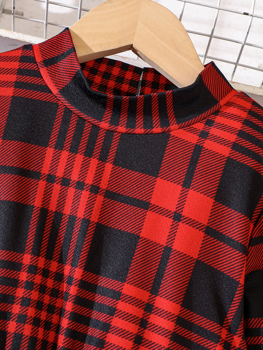 Belted long-sleeve dress in red and black plaid with a mock neck.