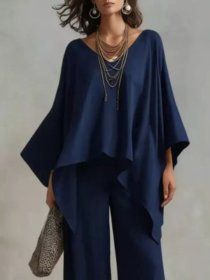 Full Size V-neck Top And Pants Set Plus Size in Navy Blue