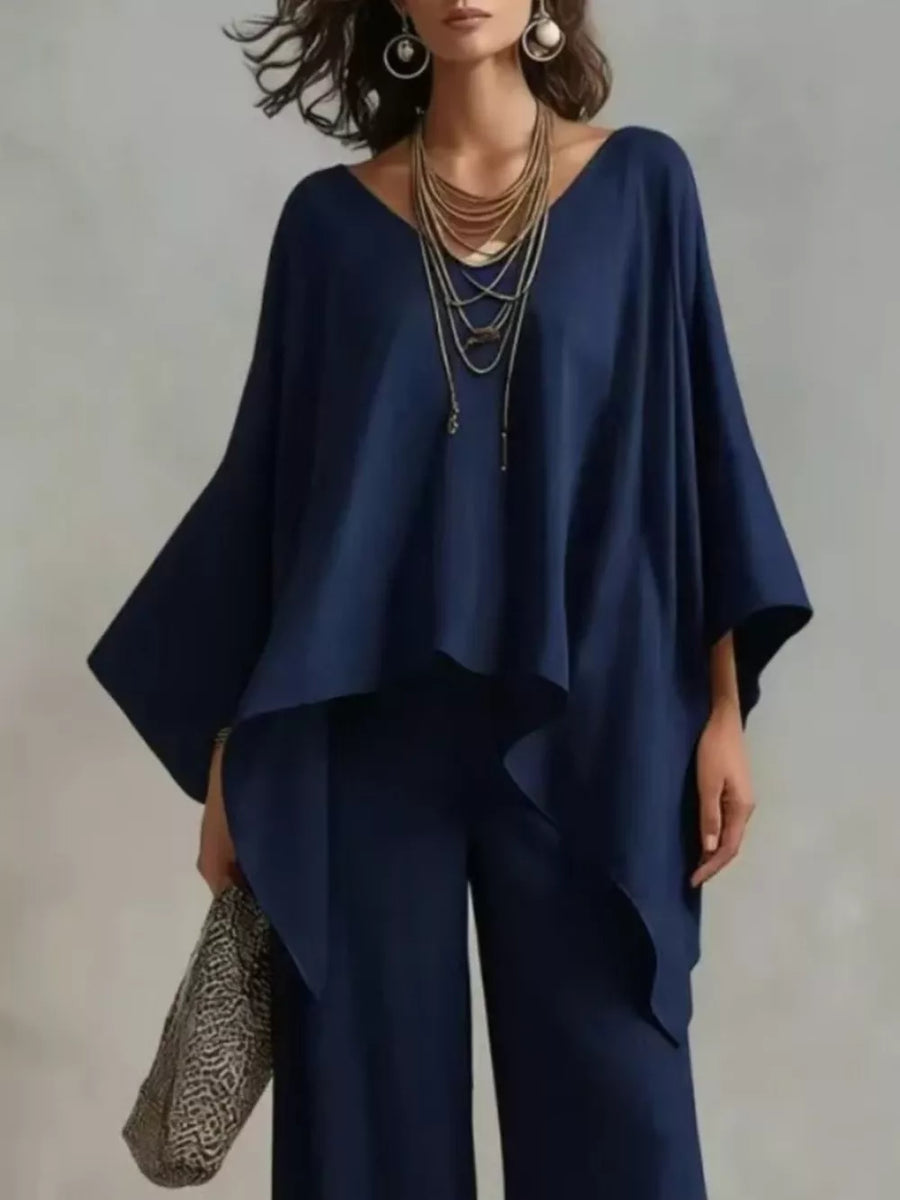 Full Size V-neck Top And Pants Set Plus Size in Navy Blue