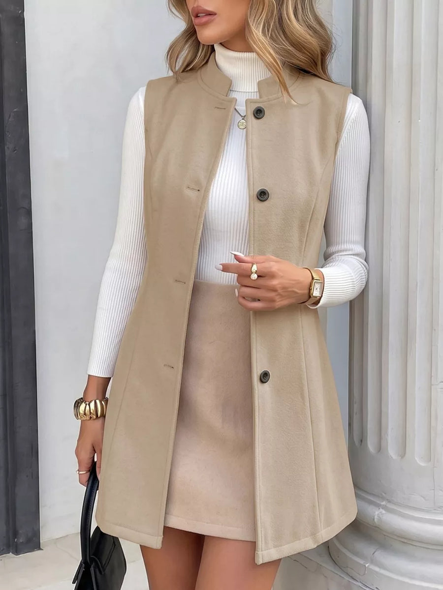 Khaki with Elegant Button-down Vest Coat