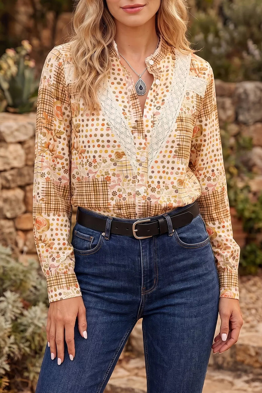 Floral Lace Trim Button Down Shirt in Tan