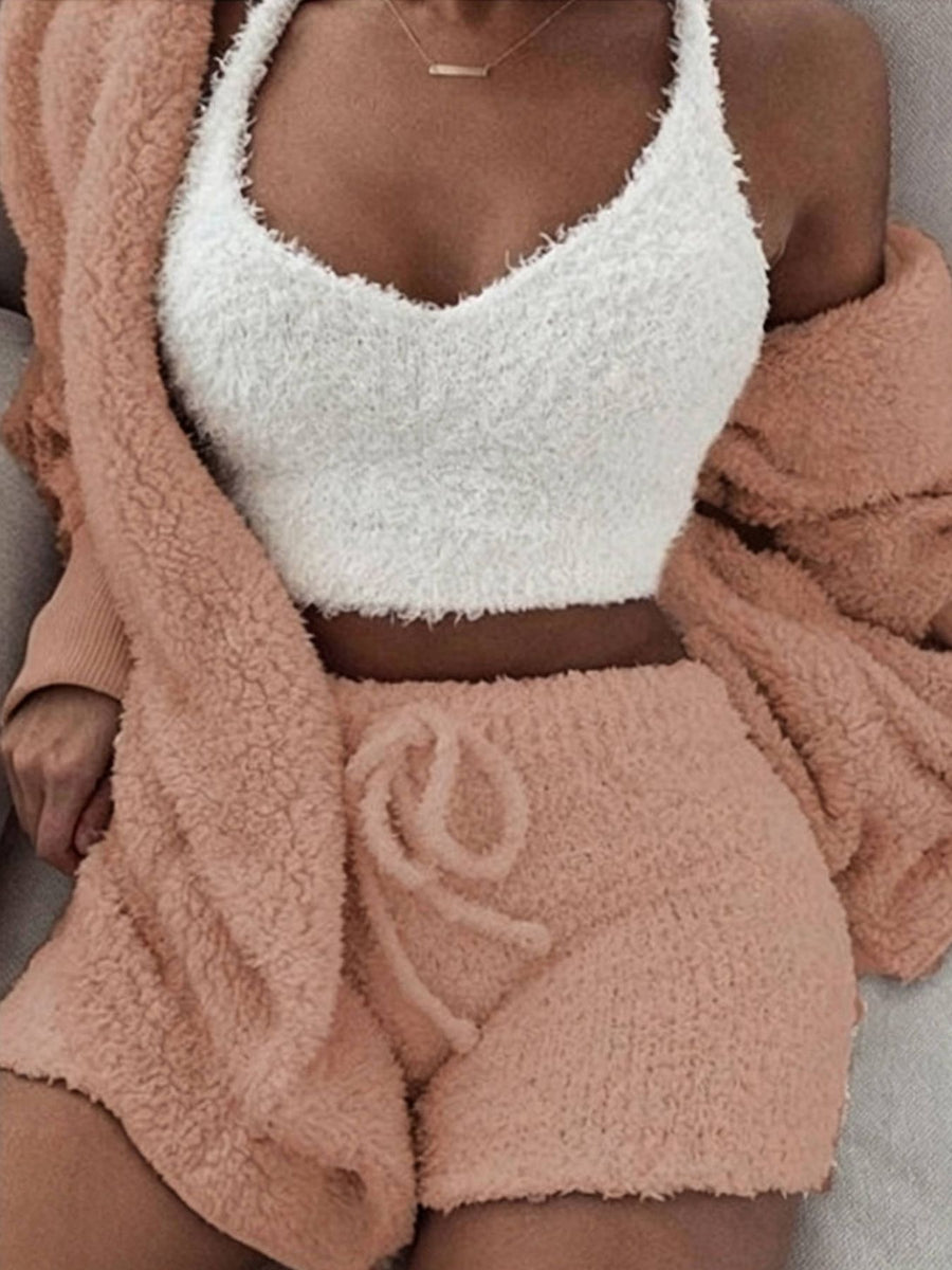 3-Piece Fuzzy Plush Cardigan Shorts Lounge Set in Dark Blue with drawstring