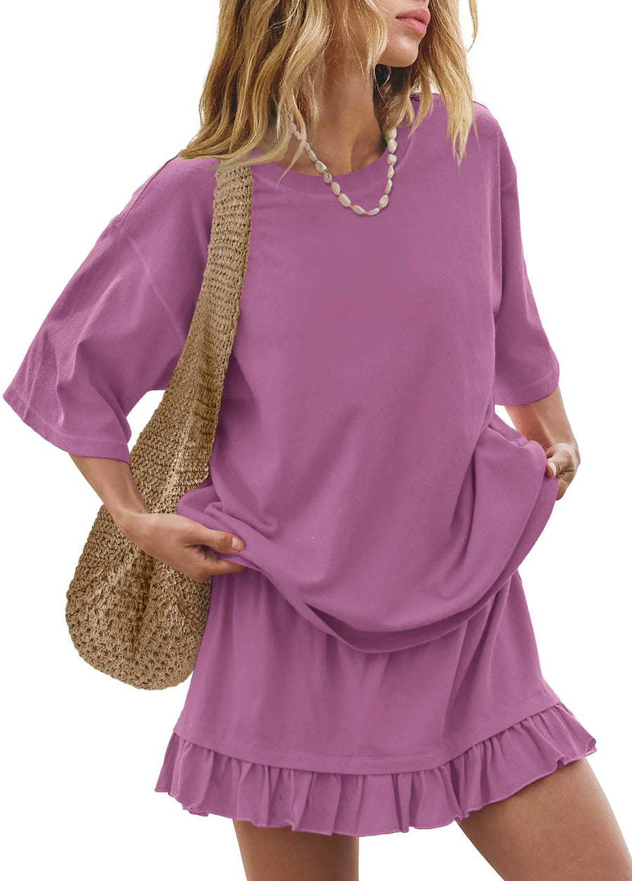 Violet ruffled tee and skirt set with relaxed fit and short sleeves.