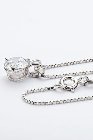 Silver solitaire moissanite pendant necklace with box chain and clasp detail