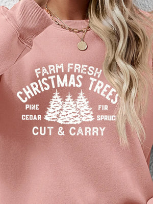 Graphic print crewneck sweatshirt in Blush Pink with "Farm Fresh Christmas Trees" graphic.