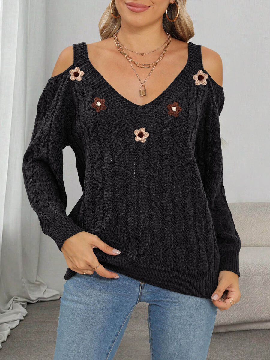 Military Green pullover sweater featuring applique and cable knit