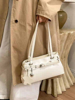 White with Buckle Decor Shoulder Bag in White