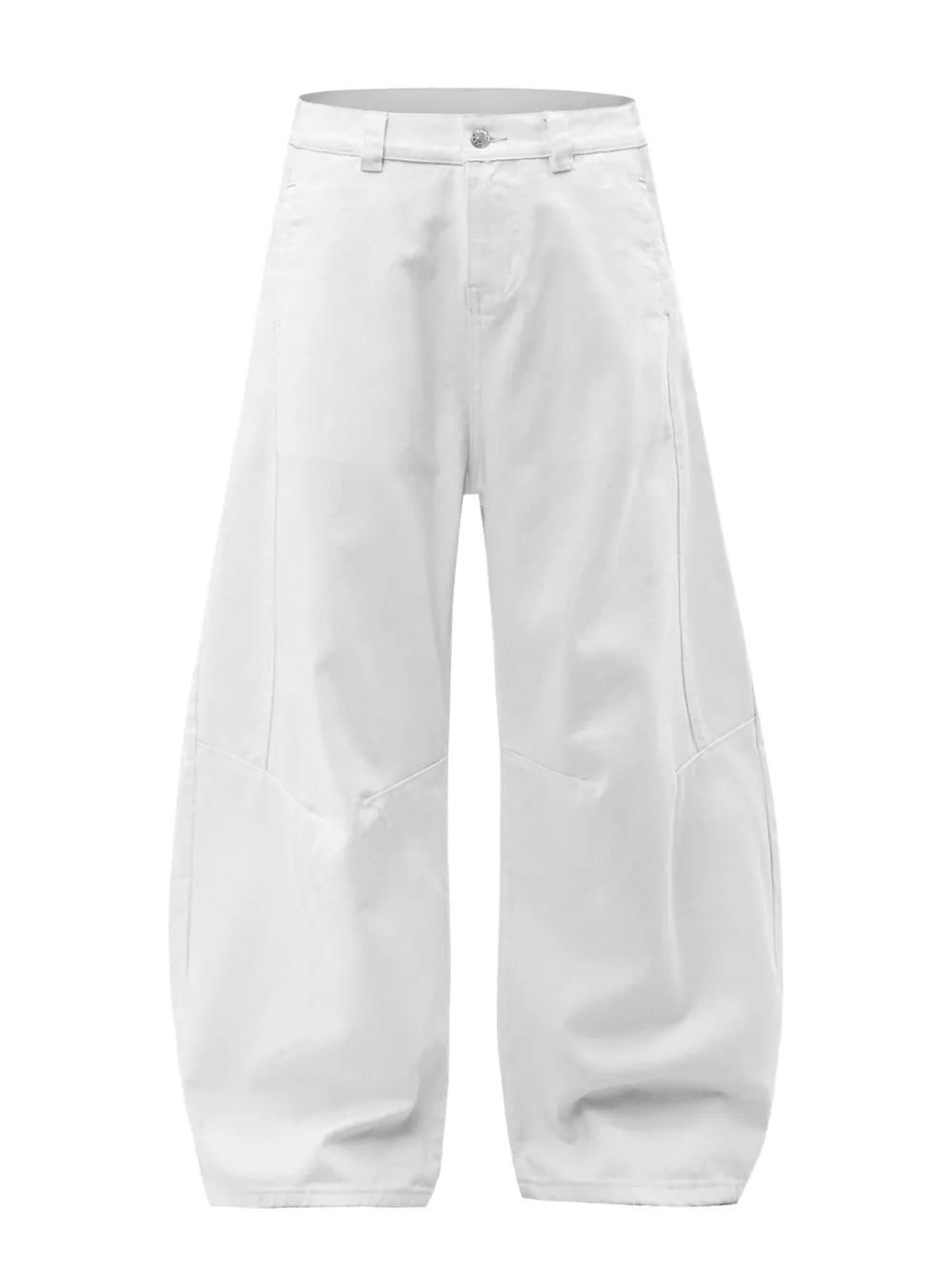 White cotton wide-leg men's denim trousers with a button closure and casual fit.