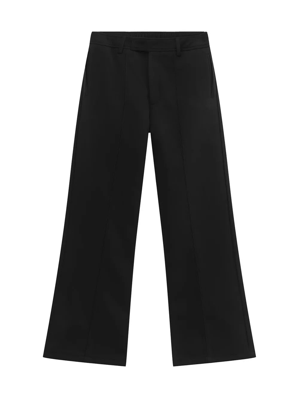 Black wide-leg sweatpants with adjustable waist and front seam detail.