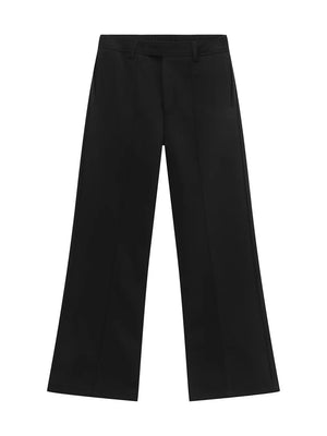 Black wide-leg sweatpants with adjustable waist and front seam detail.