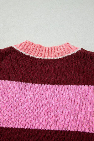 pullover sweater featuring striped in chocolate brown with 50% recycled polyester, 50% polyester Care instructions: Machine