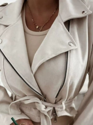 Cropped Biker Jacket With Belt Detail in Burgundy