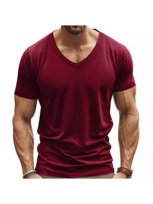 Men's wine red slim fit V-neck t-shirt with short sleeves and a casual style.