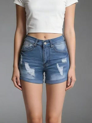 Light blue distressed denim shorts with cuffed hem and button closure