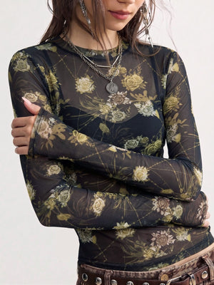 olive green t-shirt featuring mesh and floral