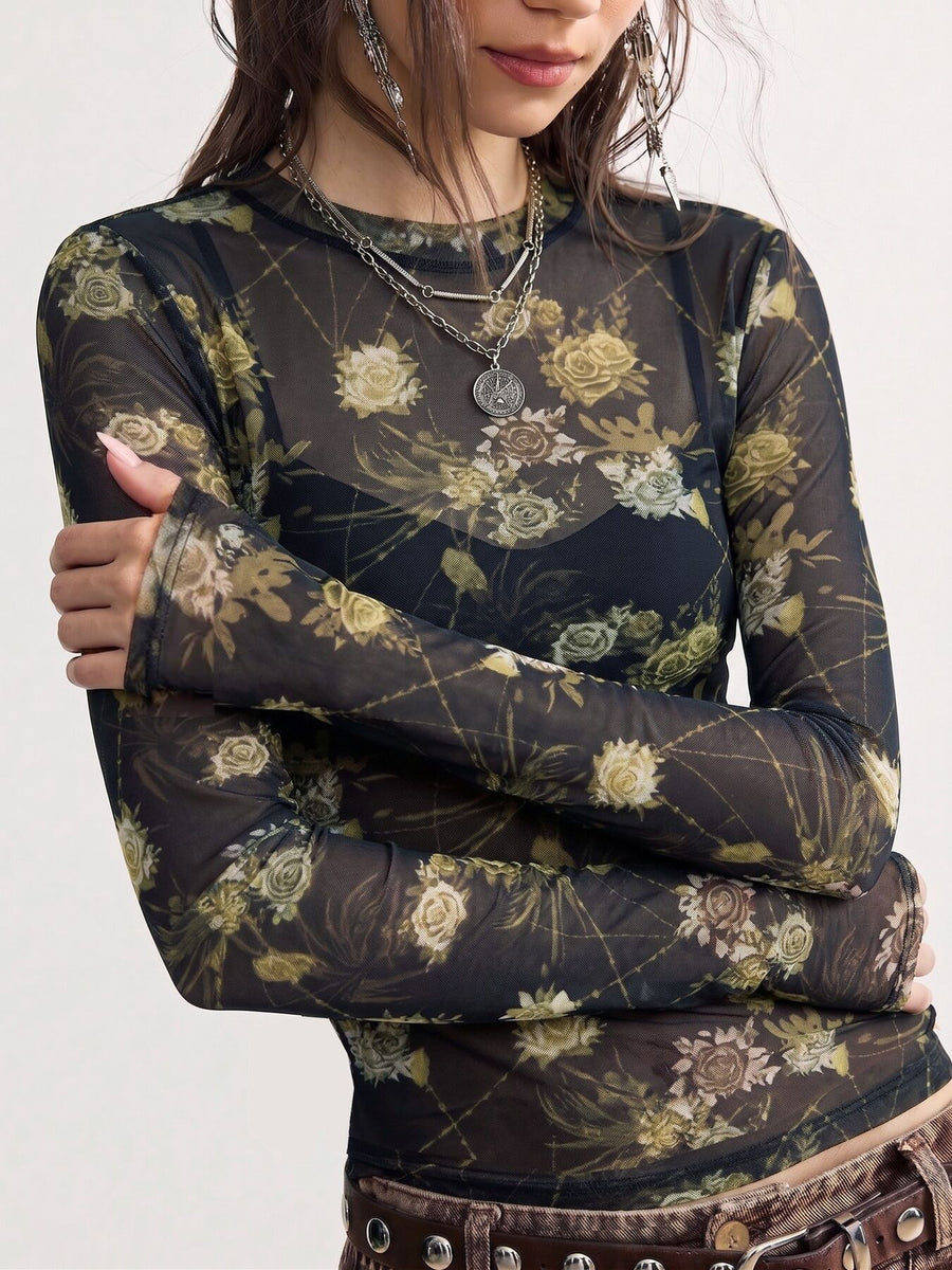 olive green t-shirt featuring mesh and floral