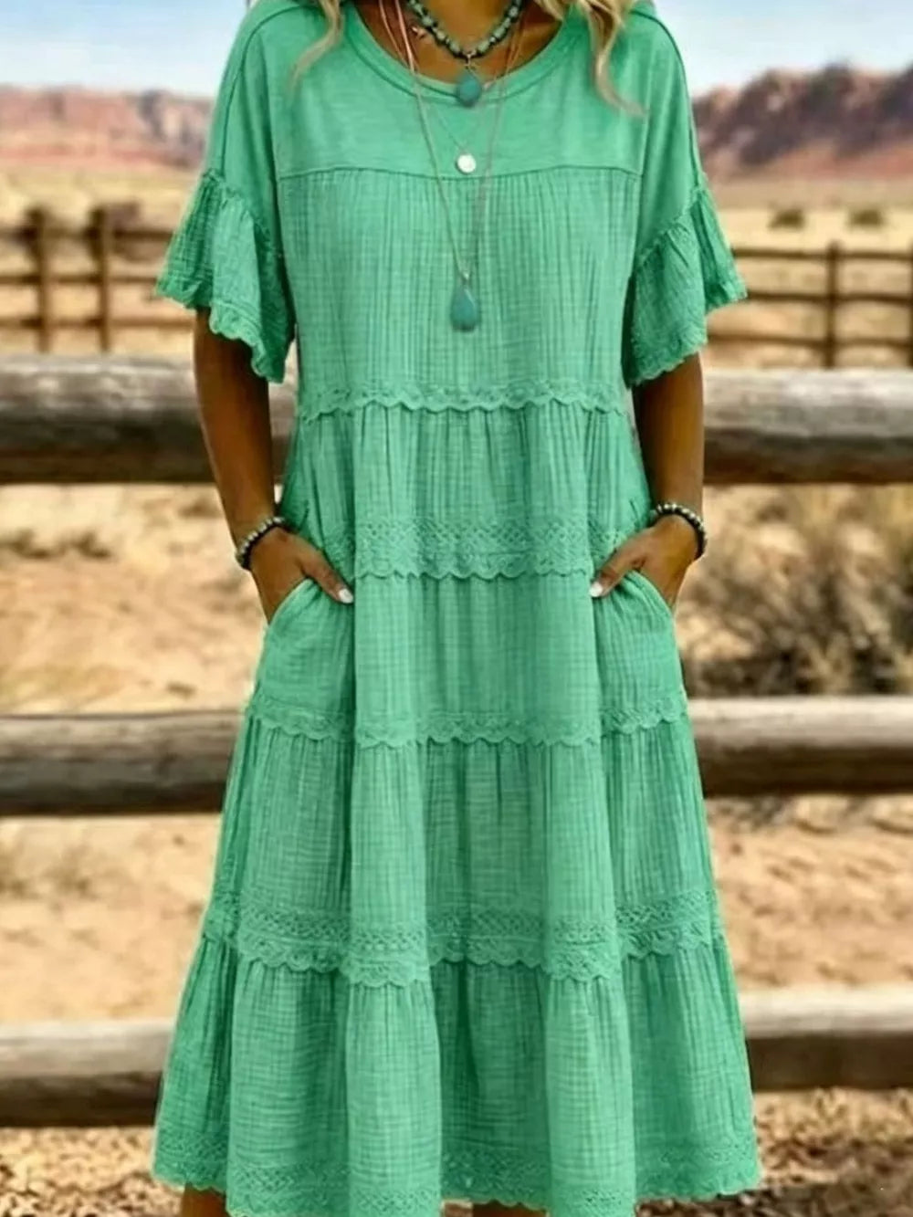 Green A-line midi dress with round neck