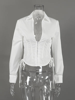 Corset-Style Ruched Blouse With Lace-Up in White with ruched