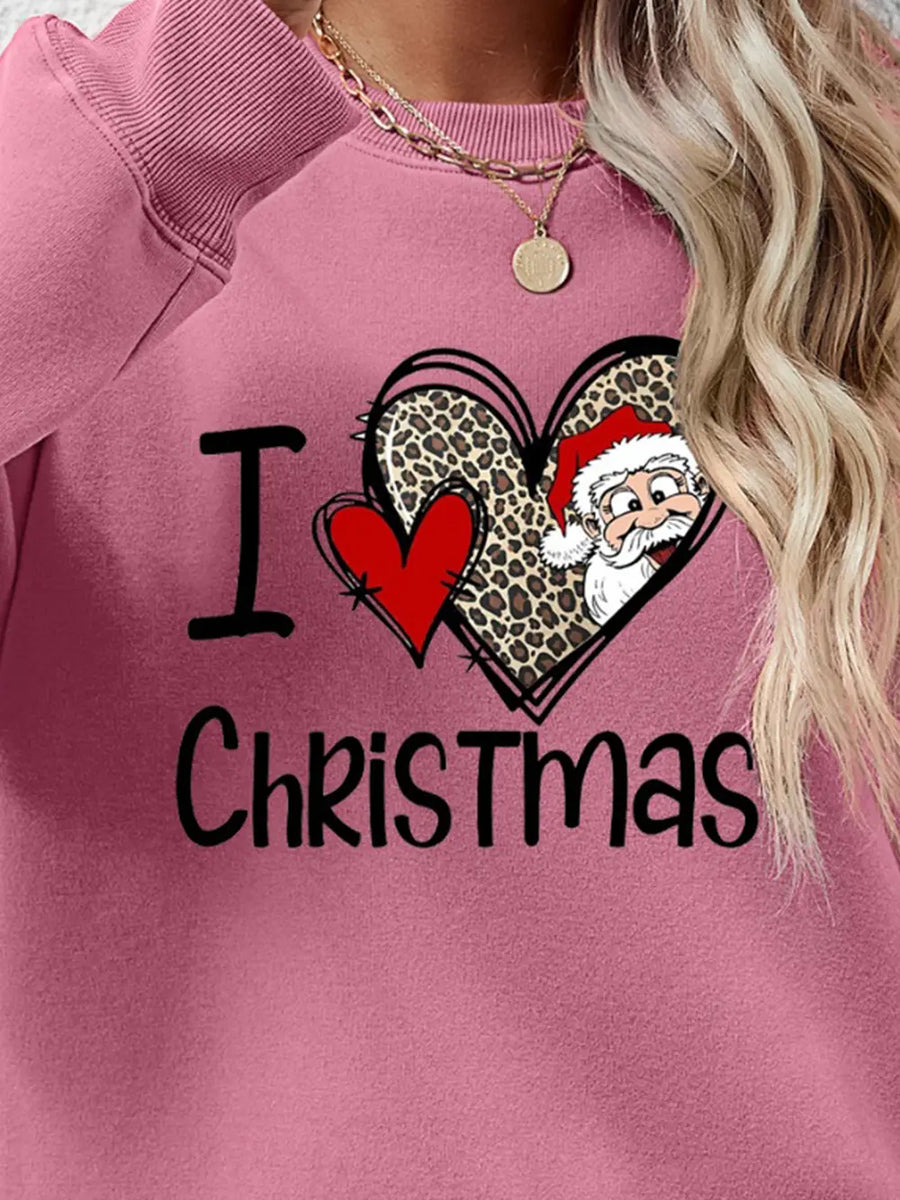 Festive Heart Graphic Sweatshirt in Pink Purple with Santa and leopard print heart detail.