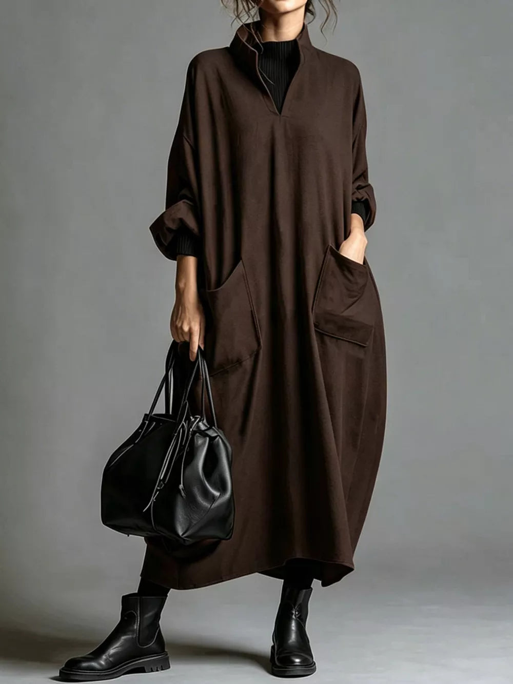 midi dress in dark brown featuring oversized and oversized fit