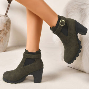 Buckle Suede Round Toe Block Heels Boots in black with block heel