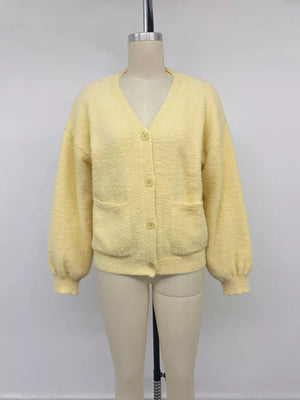Button Up V-neck Cardigan in Yellow with buttoned