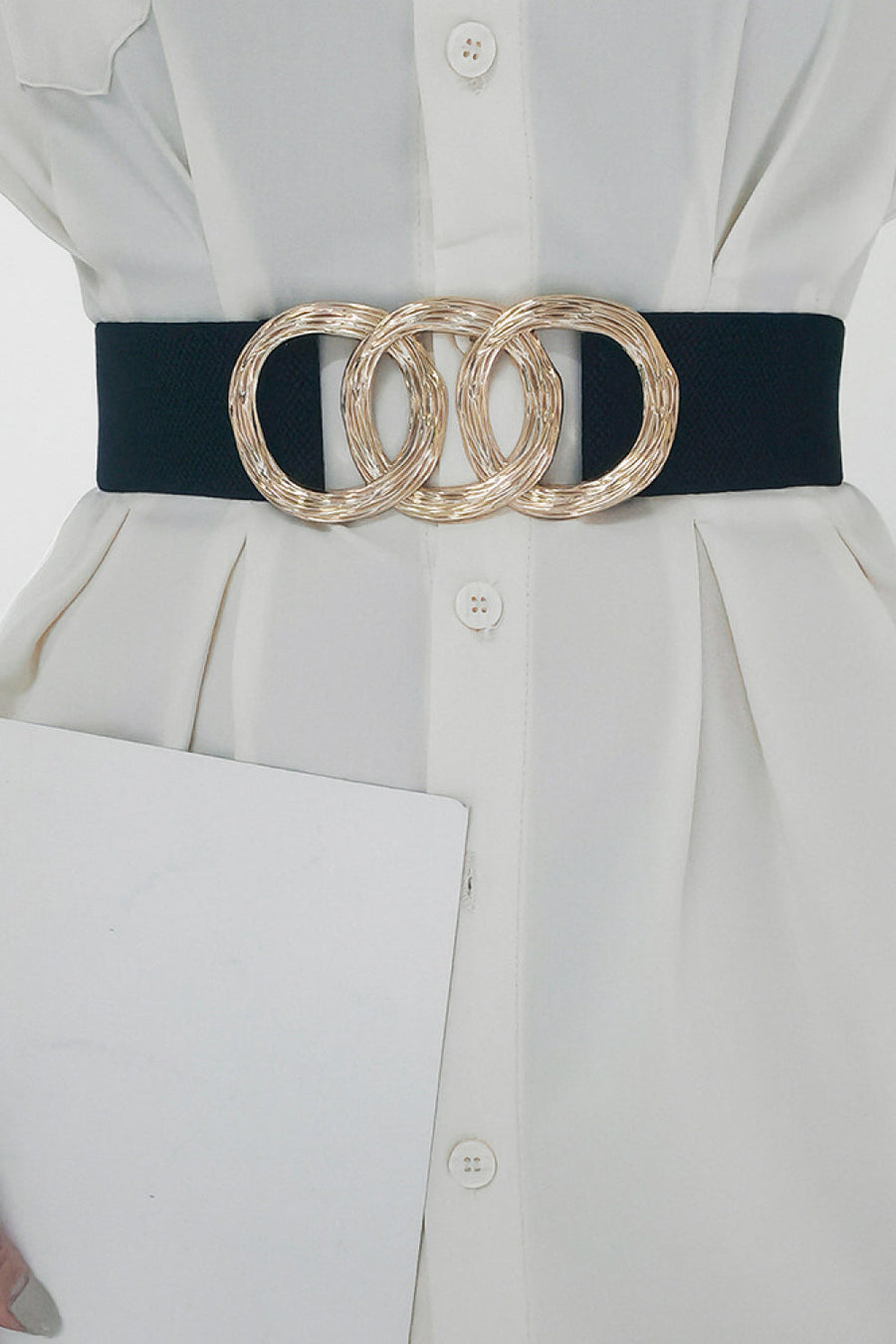 Black elastic belt with triple gold interlocking ring buckle