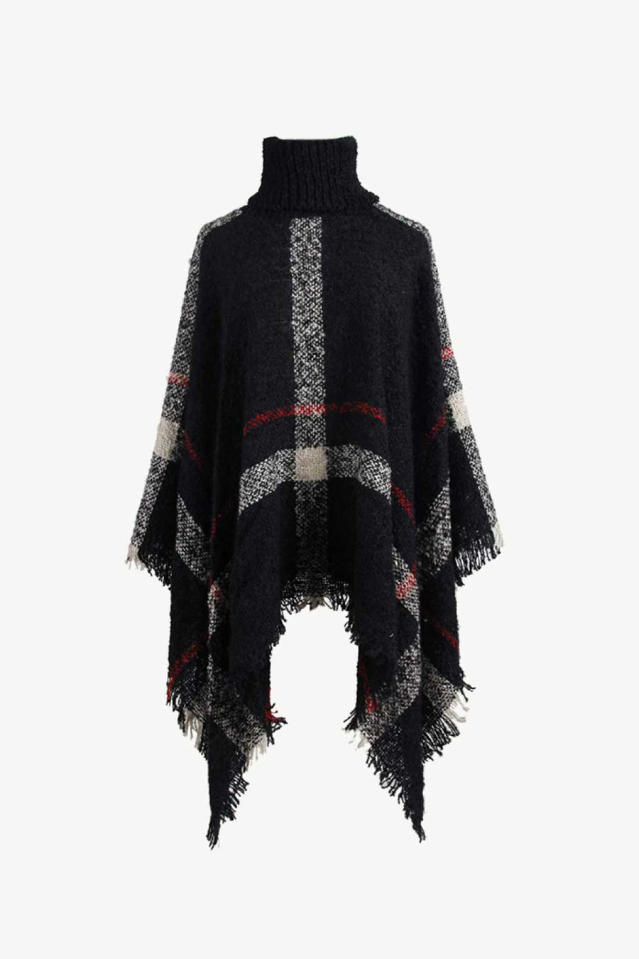 Black plaid turtleneck cape with fringe detail and textured acrylic knit.