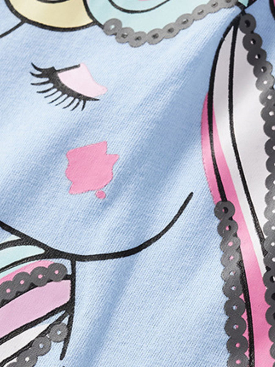 Blue cotton tee with a colorful unicorn graphic featuring sequin details.