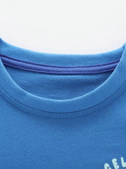Blue cotton blend toddler t-shirt with contrast trim neckline and graphic detail.