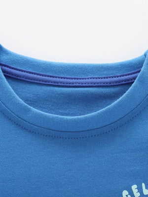 Blue cotton blend toddler t-shirt with contrast trim neckline and graphic detail.