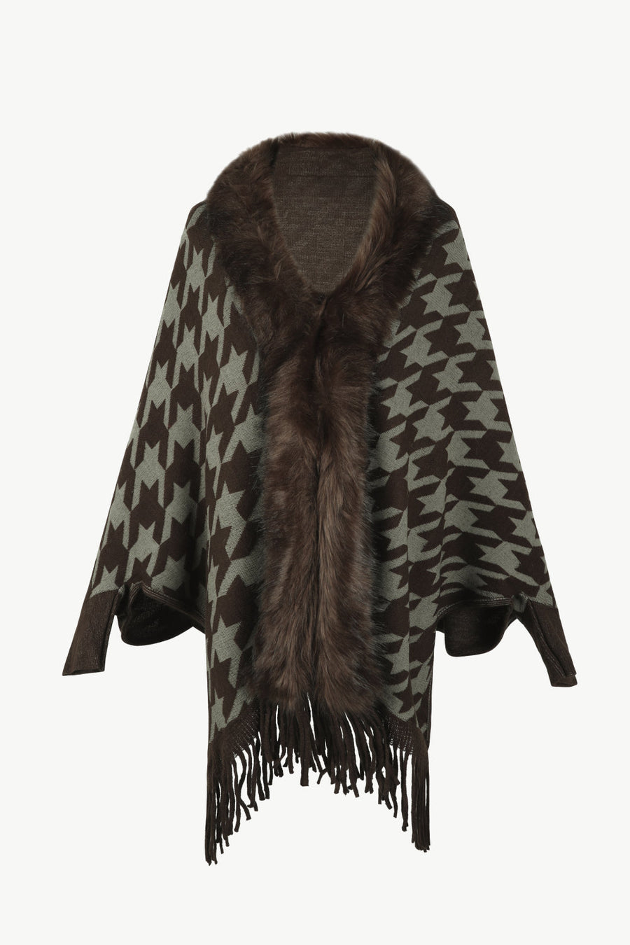 Houndstooth faux fur collar poncho with fringe in brown and beige.