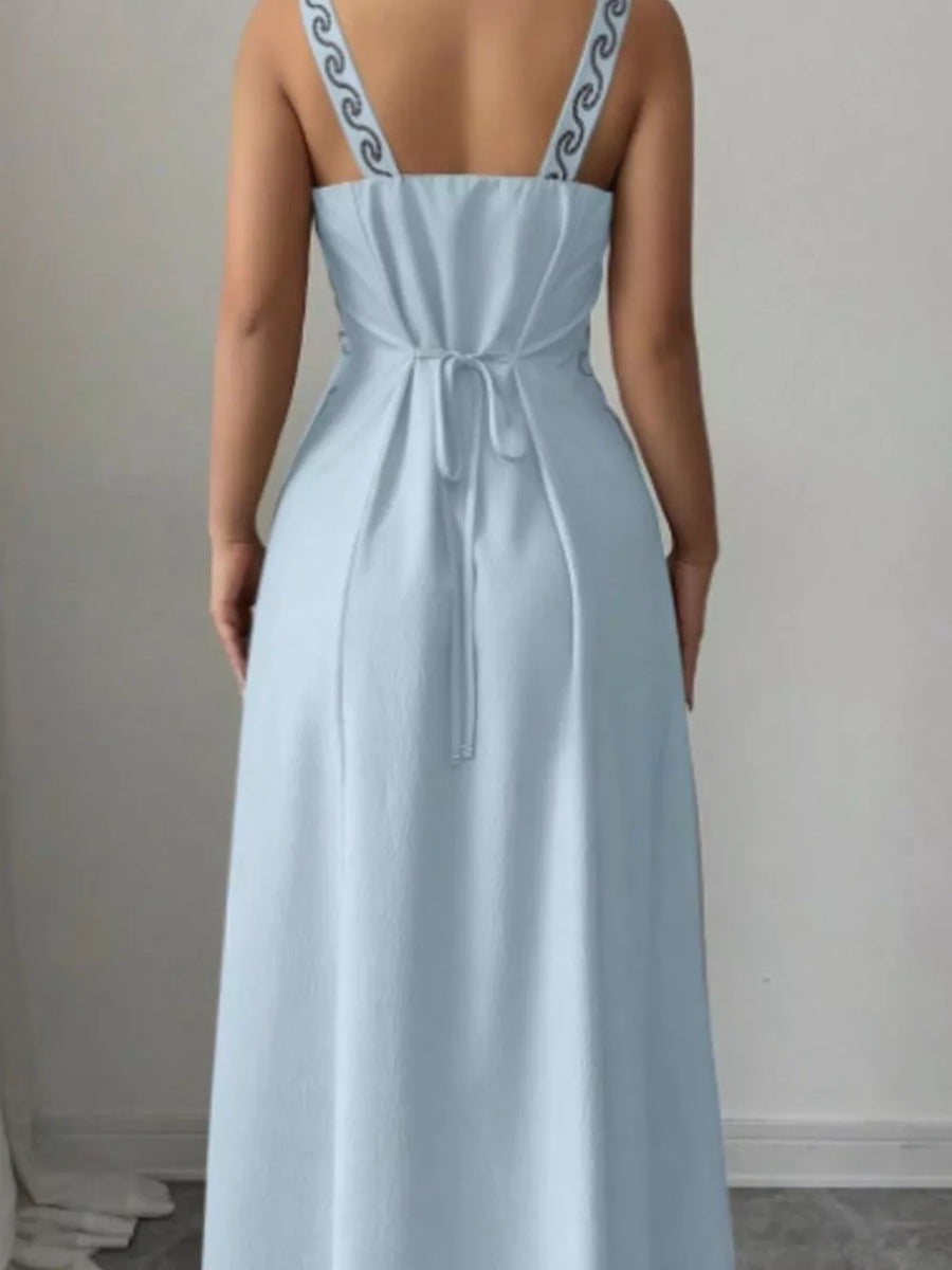 red A-line maxi dress with v-neck