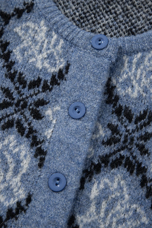 cardigan featuring geometric in Dusty Blue with 65% regenerated polyester 13% acrylic, 13% polyamide, 6% wool, 3% elastane
