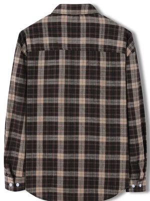 Classic plaid long-sleeve button-up shirt in brown cotton blend with button cuffs.