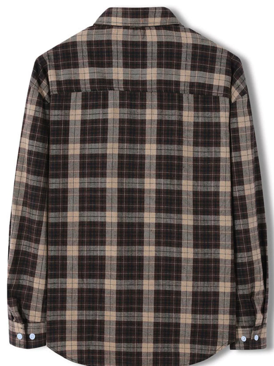 Classic plaid long-sleeve button-up shirt in brown cotton blend with button cuffs.