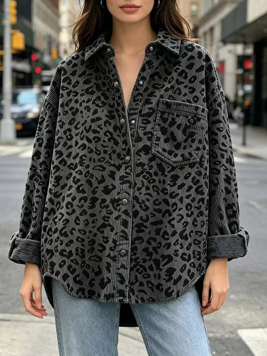 button-down shirt in black with leopard and buttoned